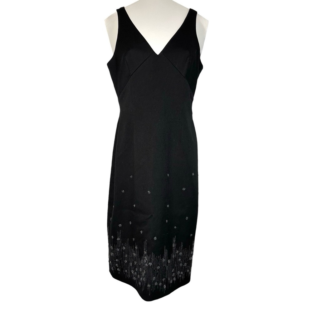 BCBGMaxAzria Black Sheath Sleeveless Midi Dress Embroidery V-neck Plunge Sz 6